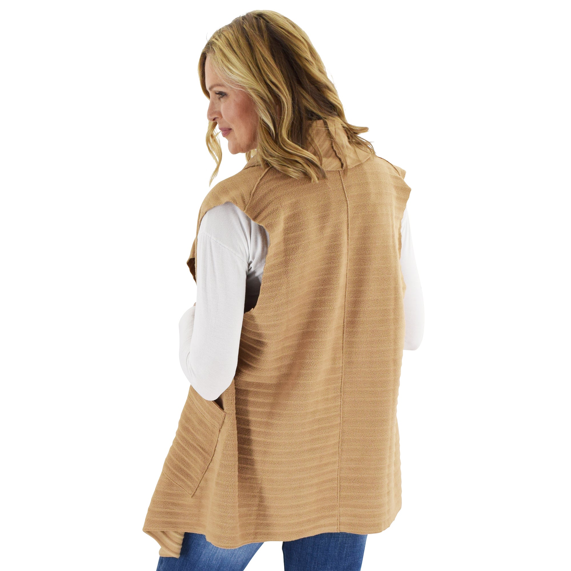 Le Moda Women's Sleeveless Pleated Open Front Fleece Vest Cardigan with Pockets at Linda Anderson. color_camel