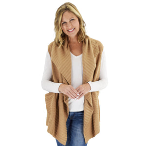 Le Moda Women's Sleeveless Pleated Open Front Fleece Vest Cardigan with Pockets at Linda Anderson. color_camel
