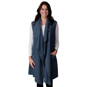 Le Moda Women's Sleeveless Pleated Open Front Fleece Vest Cardigan with Pockets at Linda Anderson. color_dusty_blue