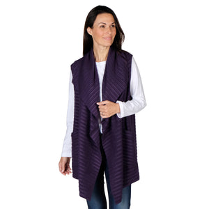 Le Moda Women's Sleeveless Pleated Open Front Fleece Vest Cardigan with Pockets at Linda Anderson. color_eggplant