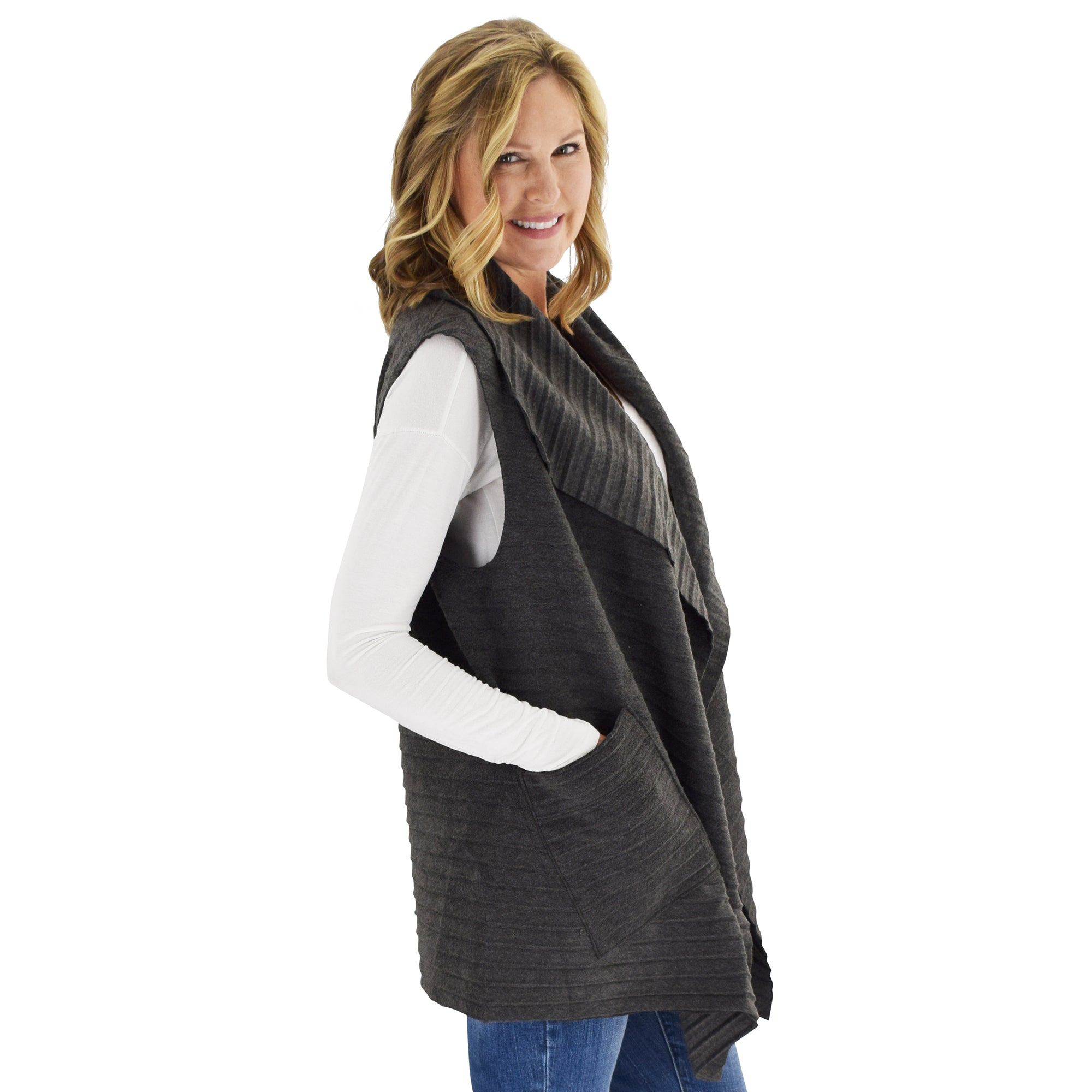 Le Moda Women's Sleeveless Pleated Open Front Fleece Vest Cardigan with Pockets at Linda Anderson. color_grey