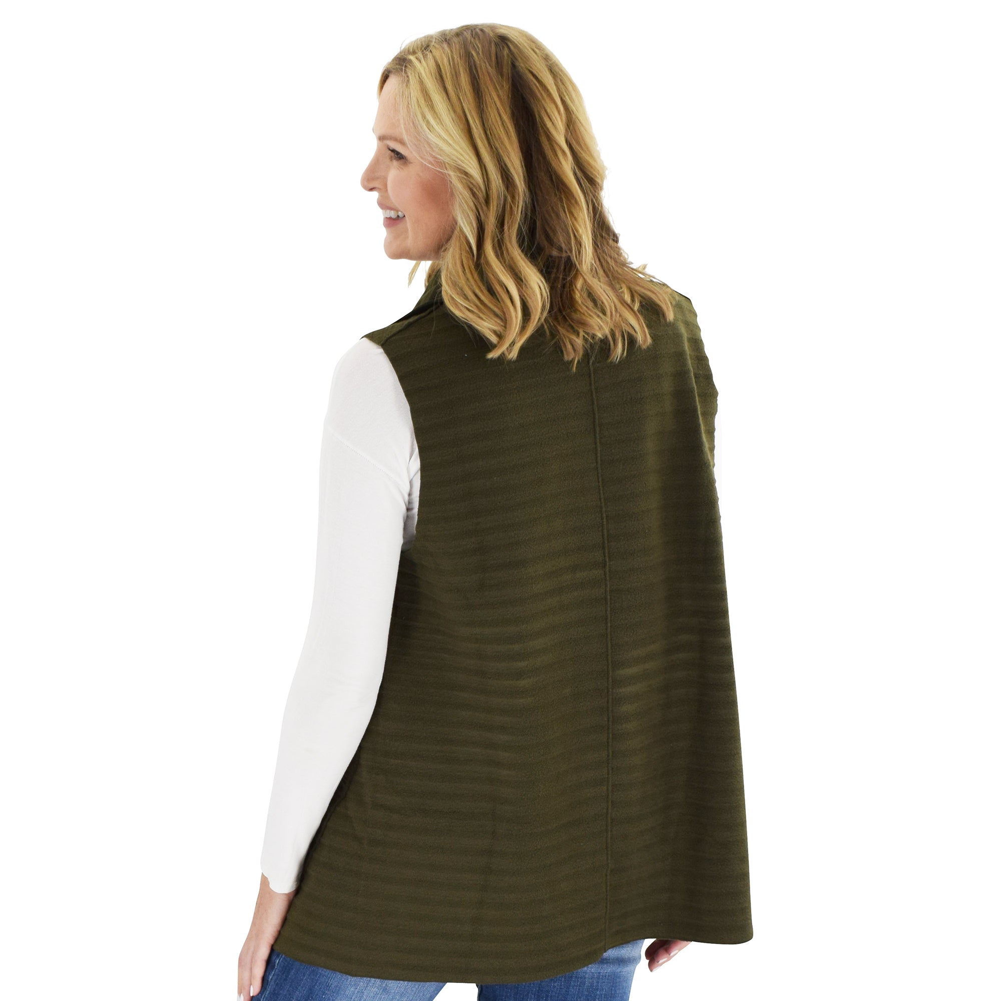 Le Moda Women's Sleeveless Pleated Open Front Fleece Vest Cardigan with Pockets at Linda Anderson. color_olive