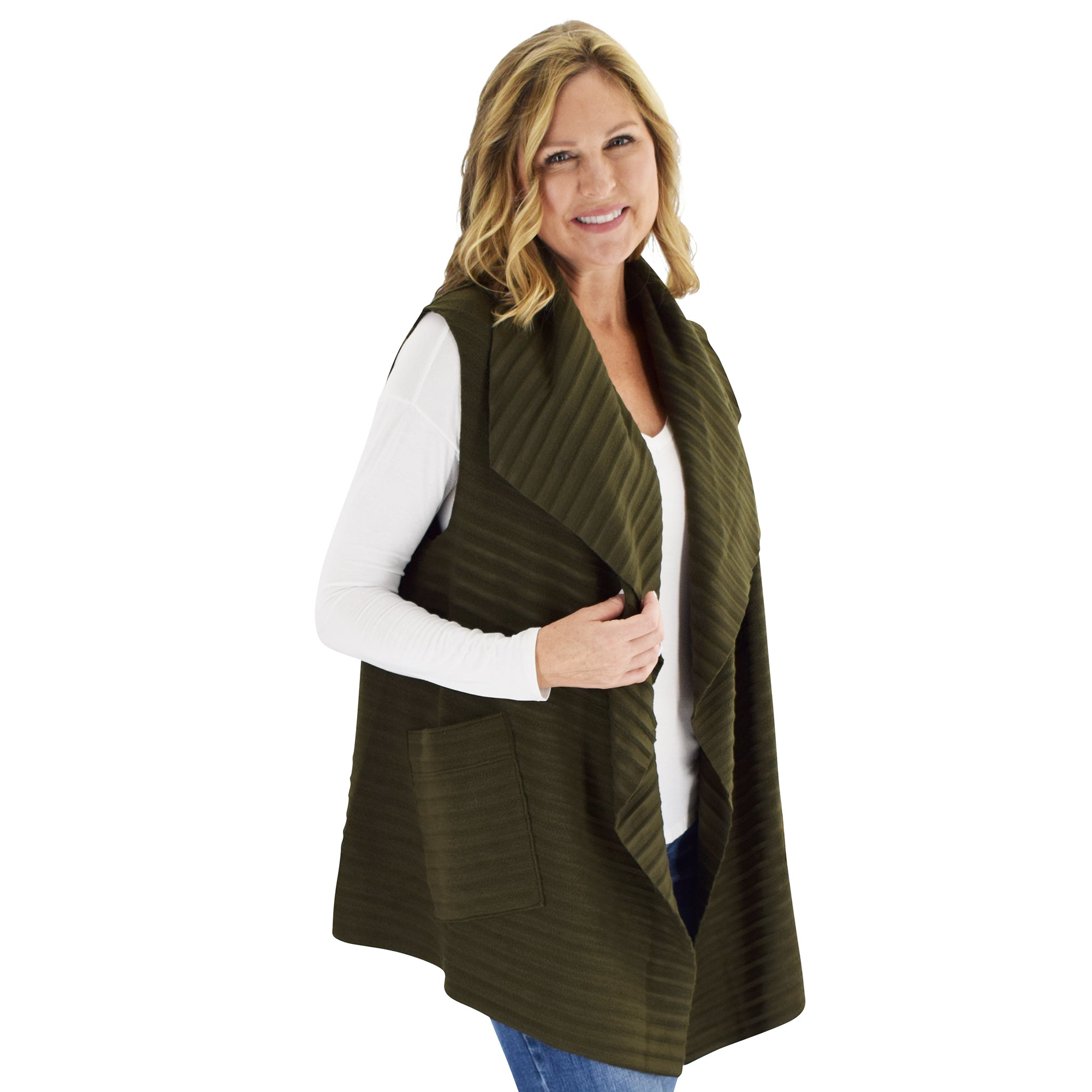 Le Moda Women's Sleeveless Pleated Open Front Fleece Vest Cardigan with Pockets at Linda Anderson. color_olive
