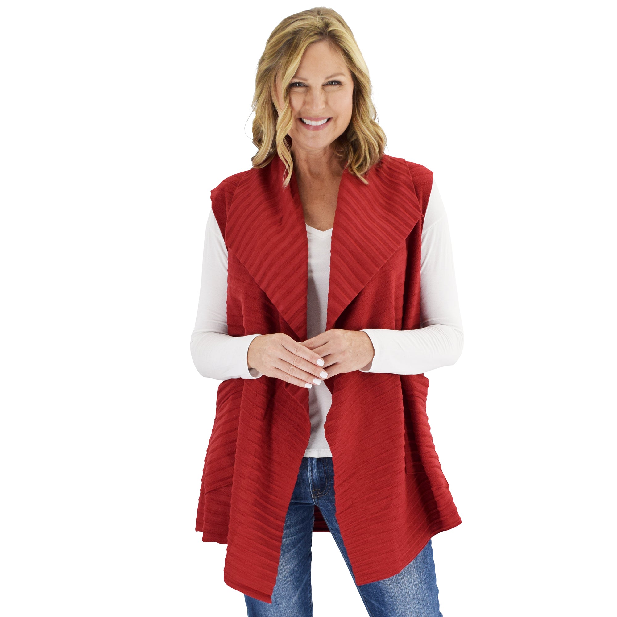 Le Moda Women's Sleeveless Pleated Open Front Fleece Vest Cardigan with Pockets at Linda Anderson. color_red