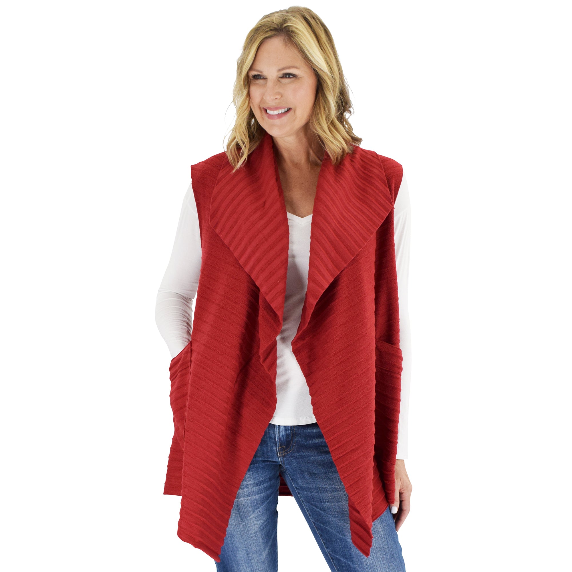 Le Moda Women's Sleeveless Pleated Open Front Fleece Vest Cardigan with Pockets at Linda Anderson. color_red