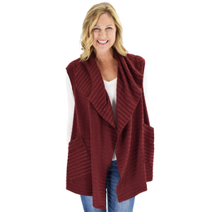 Le Moda Women's Sleeveless Pleated Open Front Fleece Vest Cardigan with Pockets at Linda Anderson. color_burgundy