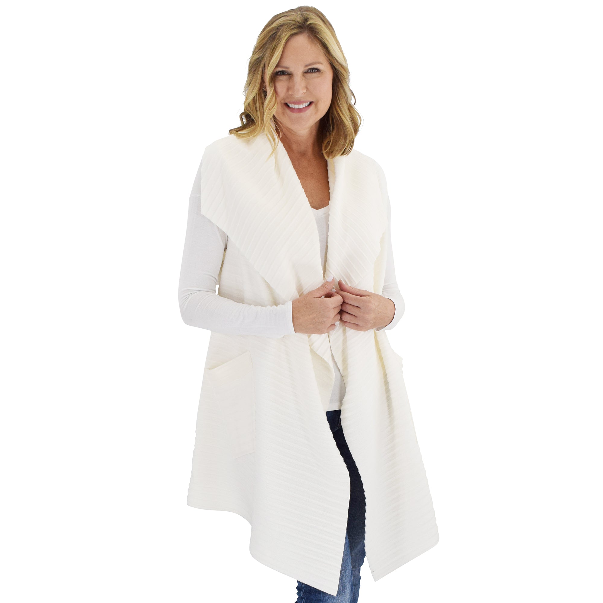 Le Moda Women's Sleeveless Pleated Open Front Fleece Vest Cardigan with Pockets at Linda Anderson. color_white
