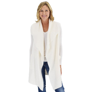 Le Moda Women's Sleeveless Pleated Open Front Fleece Vest Cardigan with Pockets at Linda Anderson. color_white