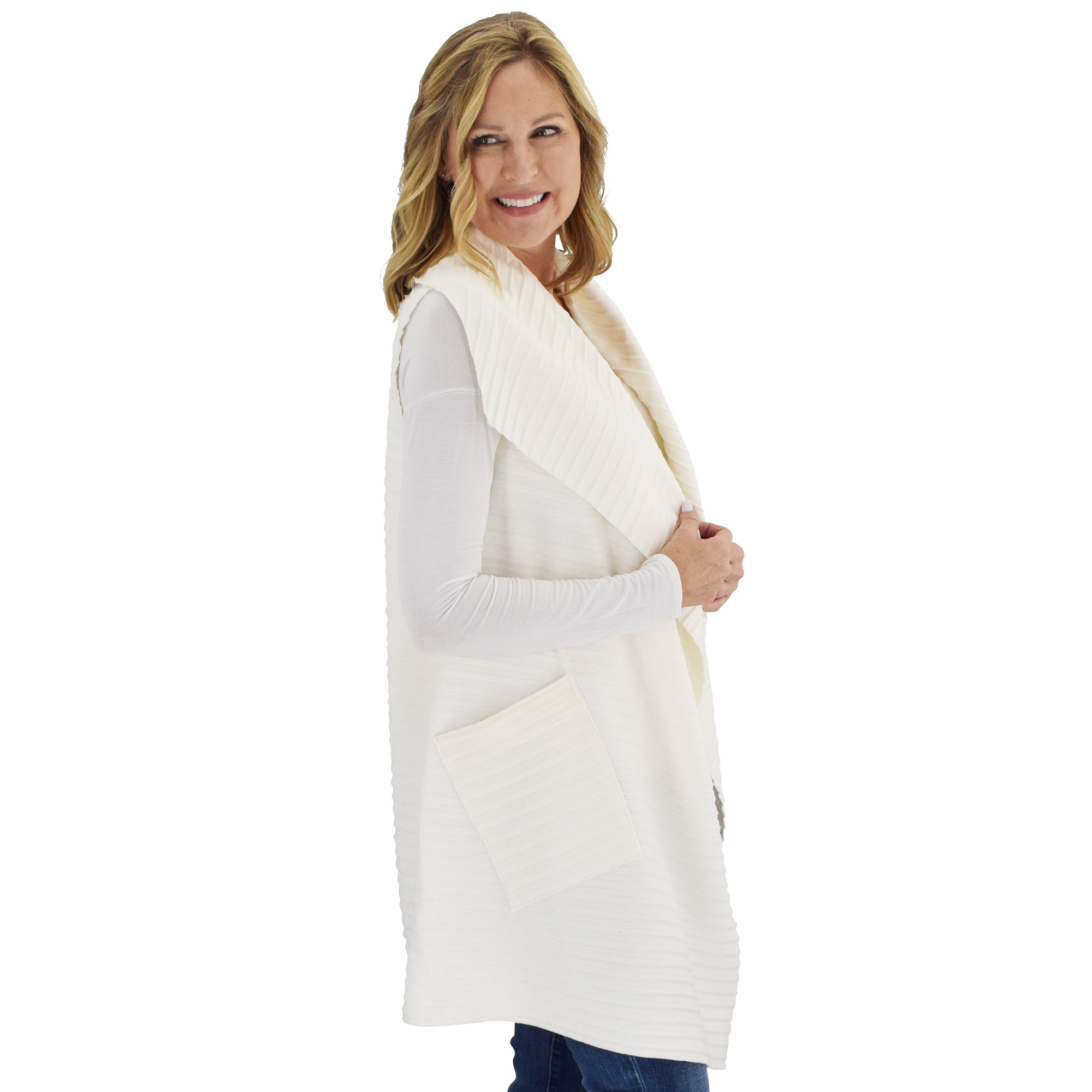 Le Moda Women's Sleeveless Pleated Open Front Fleece Vest Cardigan with Pockets at Linda Anderson.  color_white