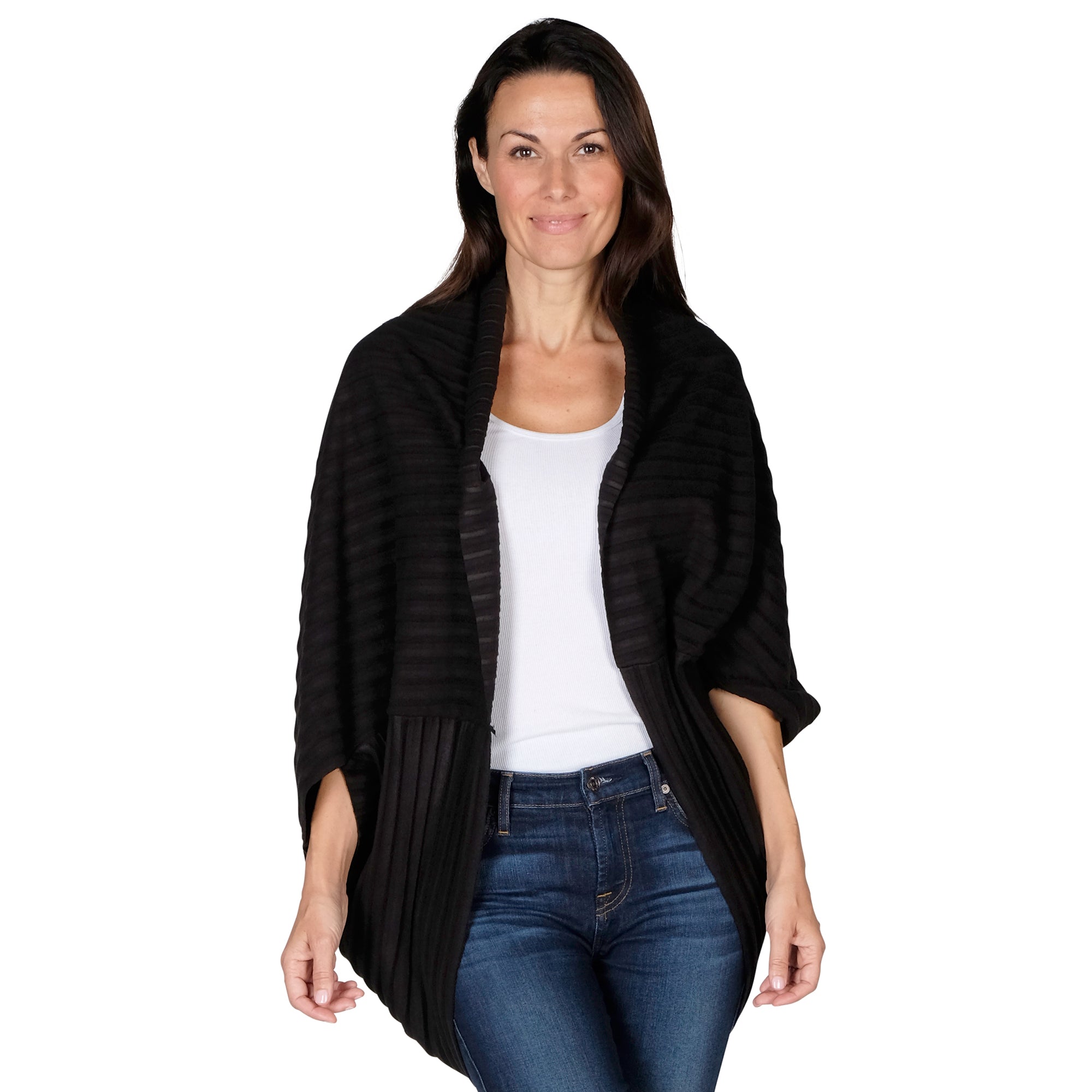 Le Moda Women's Plush Pleated Cozy Fleece Cocoon Cardigan - One Size Fits All at Linda Anderson color_black