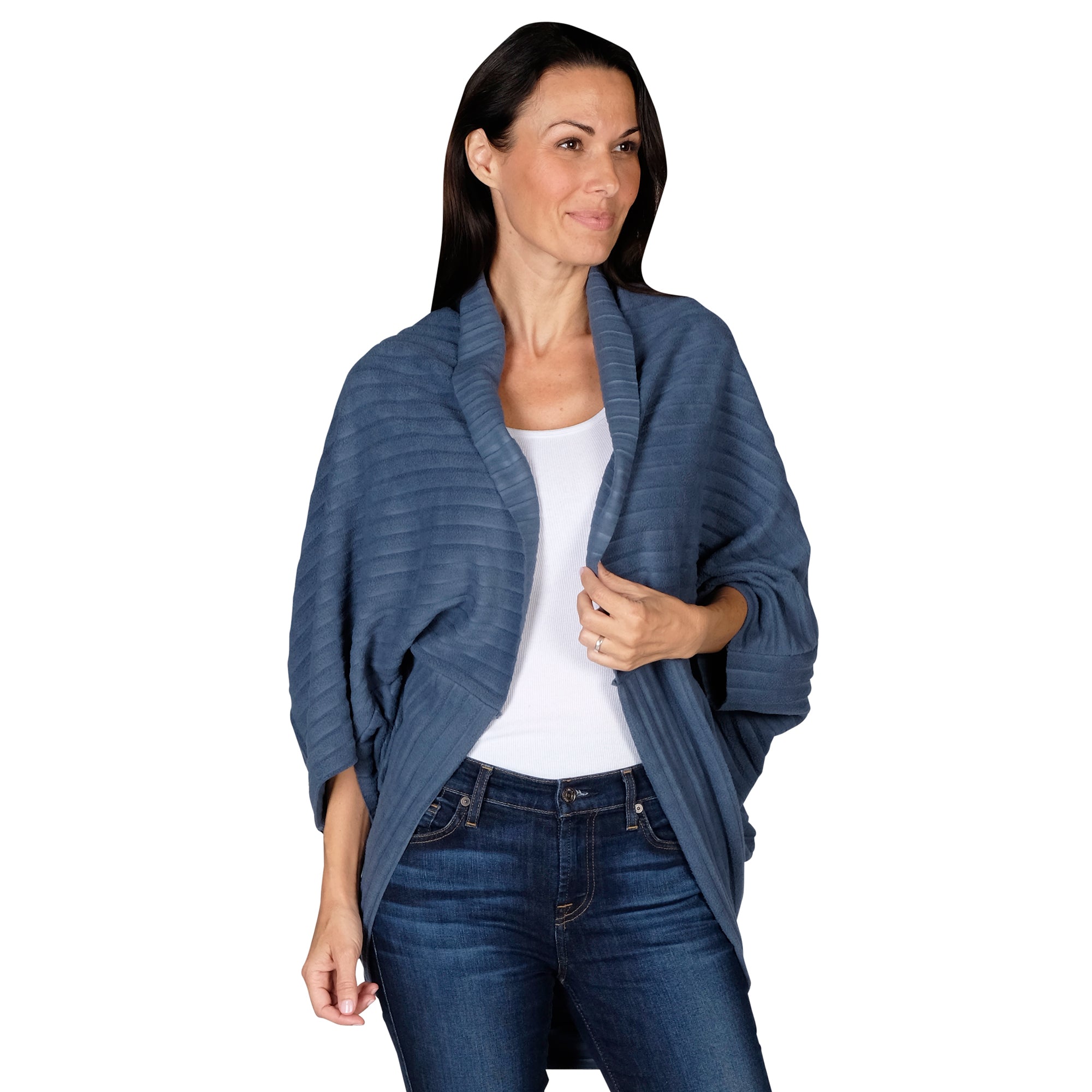 Le Moda Women's Plush Pleated Cozy Fleece Cocoon Cardigan - One Size Fits All at Linda Anderson color_dusty_blue