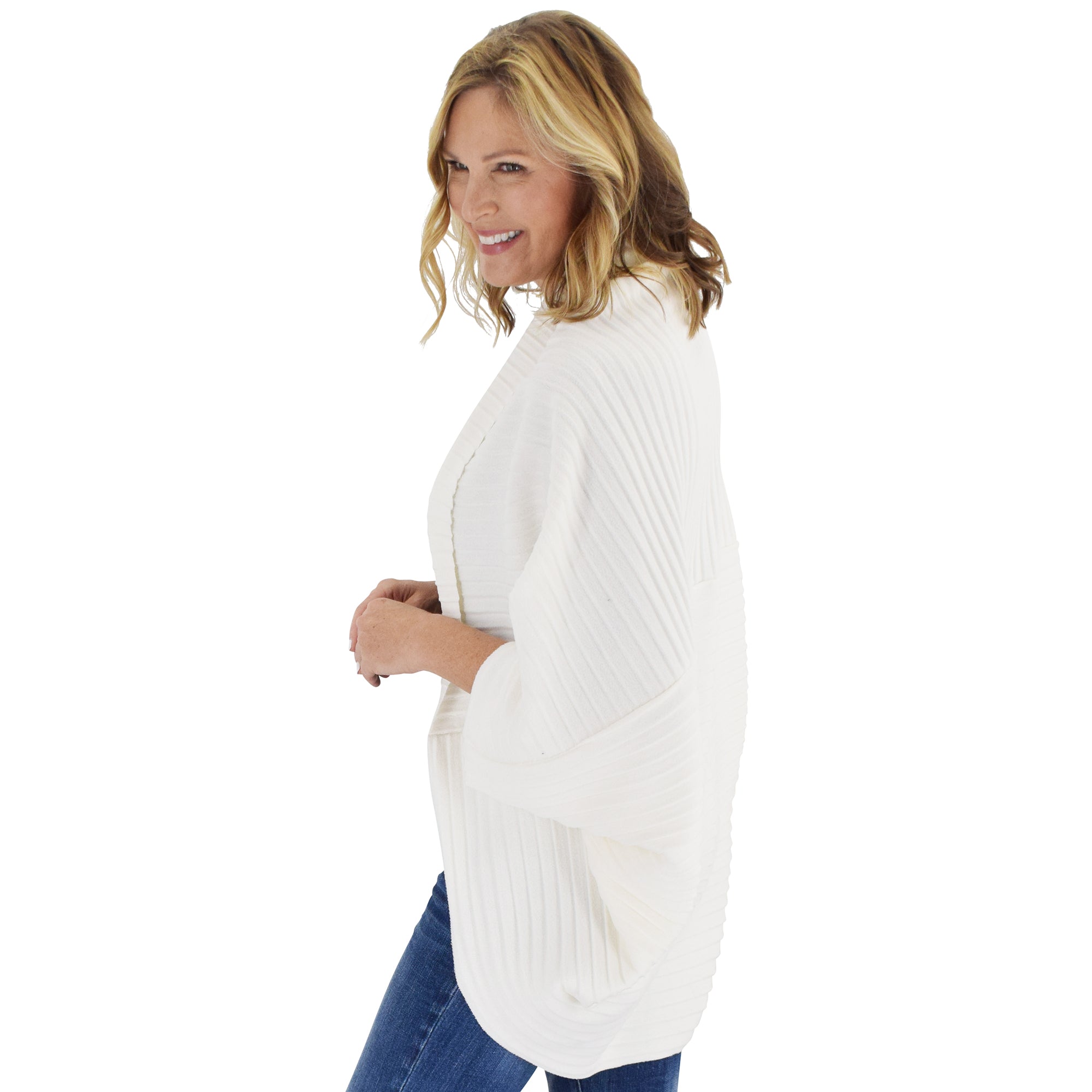 Le Moda Women's Plush Pleated Cozy Fleece Cocoon Cardigan - One Size Fits All at Linda Anderson color_white