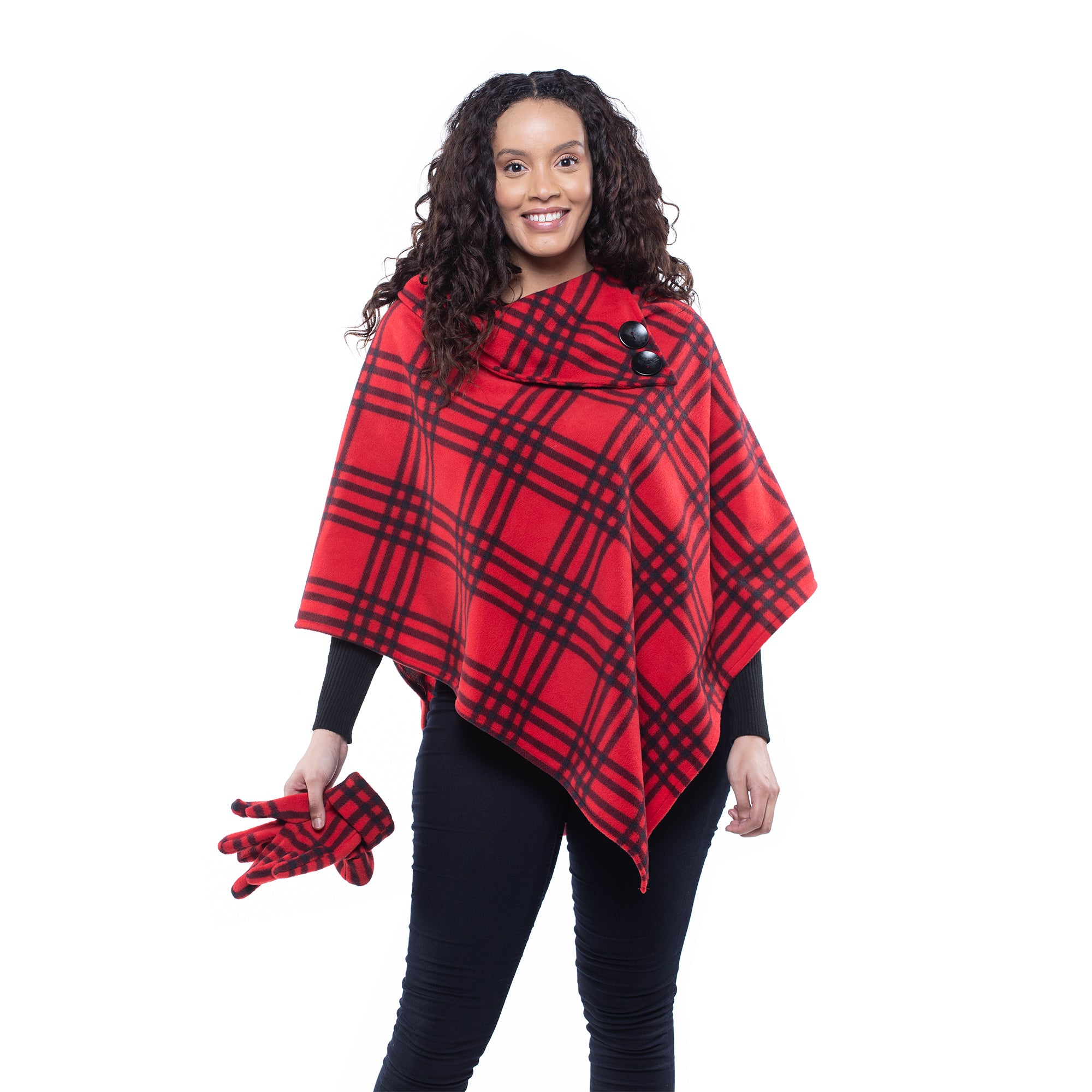 Elisa Red Plaid Cozy Coat Fleece Poncho and Gloves Set