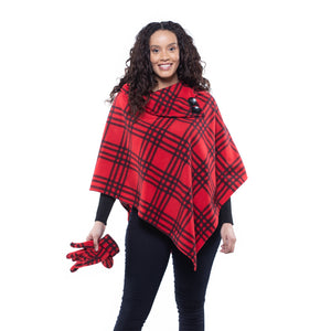 Elisa Red Plaid Cozy Coat Fleece Poncho and Gloves Set