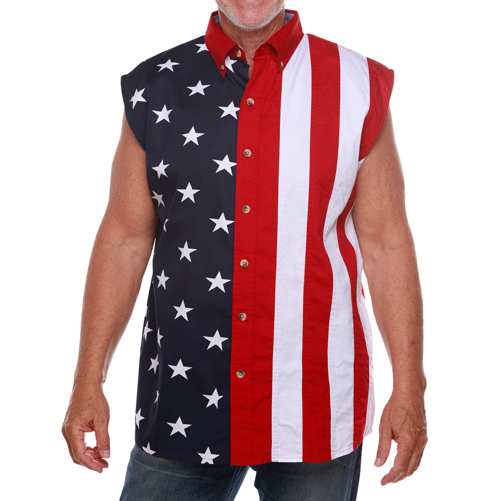 Men's Stars & Stripes 100% Cotton Sleeveless Button-Up Shirt L / Red/White/Blue