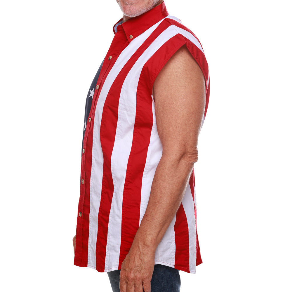 Men's 100% Cotton Stars and Stripes Sleeveless Button-Up Shirt