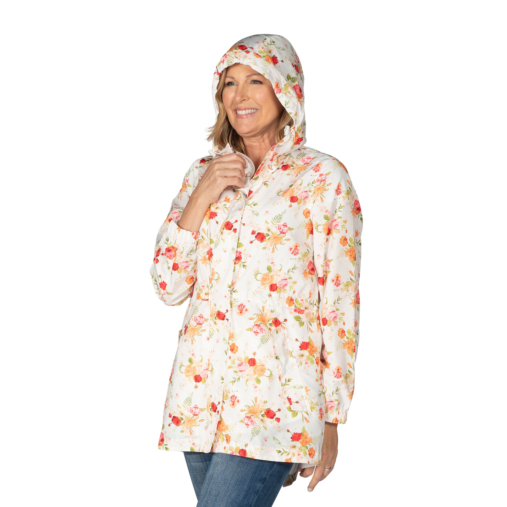 Floral Hooded Drawstring Raincoat
