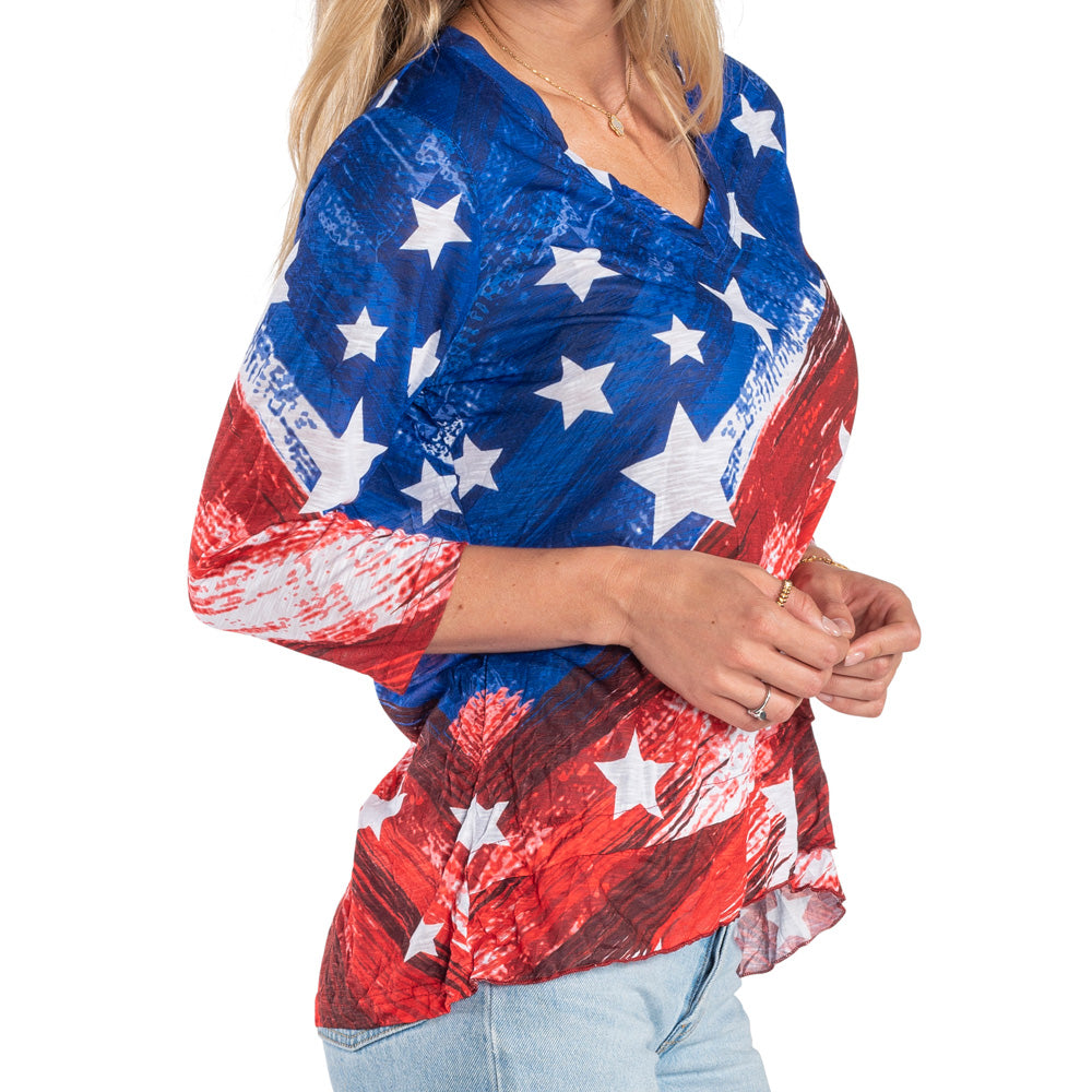 Women's Watercolor American Flag 3/4 Sleeve Top