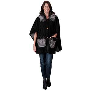 Le Moda Faux Fur Button up Poncho with fur pockets and collar - One Size at Linda Anderson