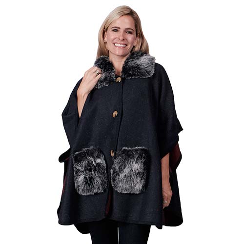 Le Moda Faux Fur Button up Poncho with fur pockets and collar - One Size at Linda Anderson