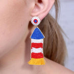 Load image into Gallery viewer, 4th of July Fire Cracker Rocket Beaded Earrings - the flag shirt
